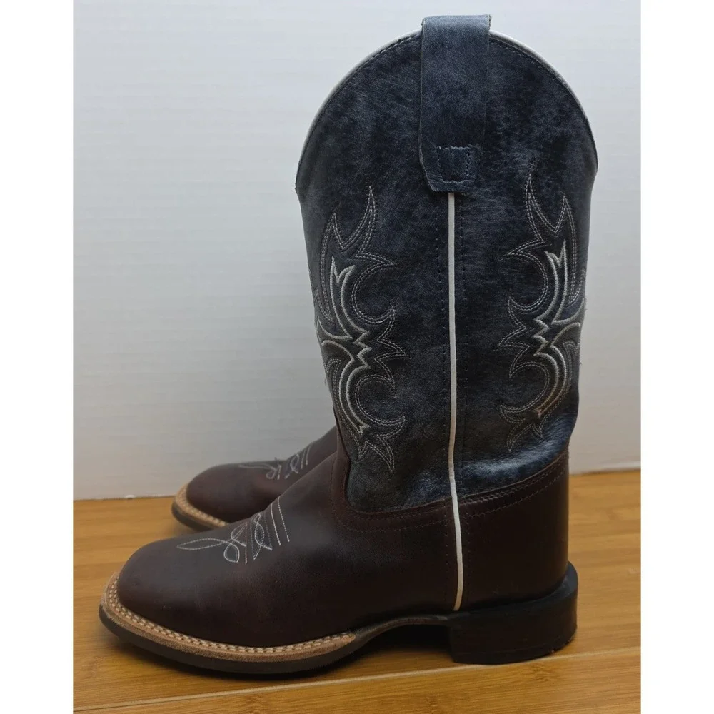 Old West Youth Unisex Broad Square Brown Blue Leather Cowboy Boots 1914 5D